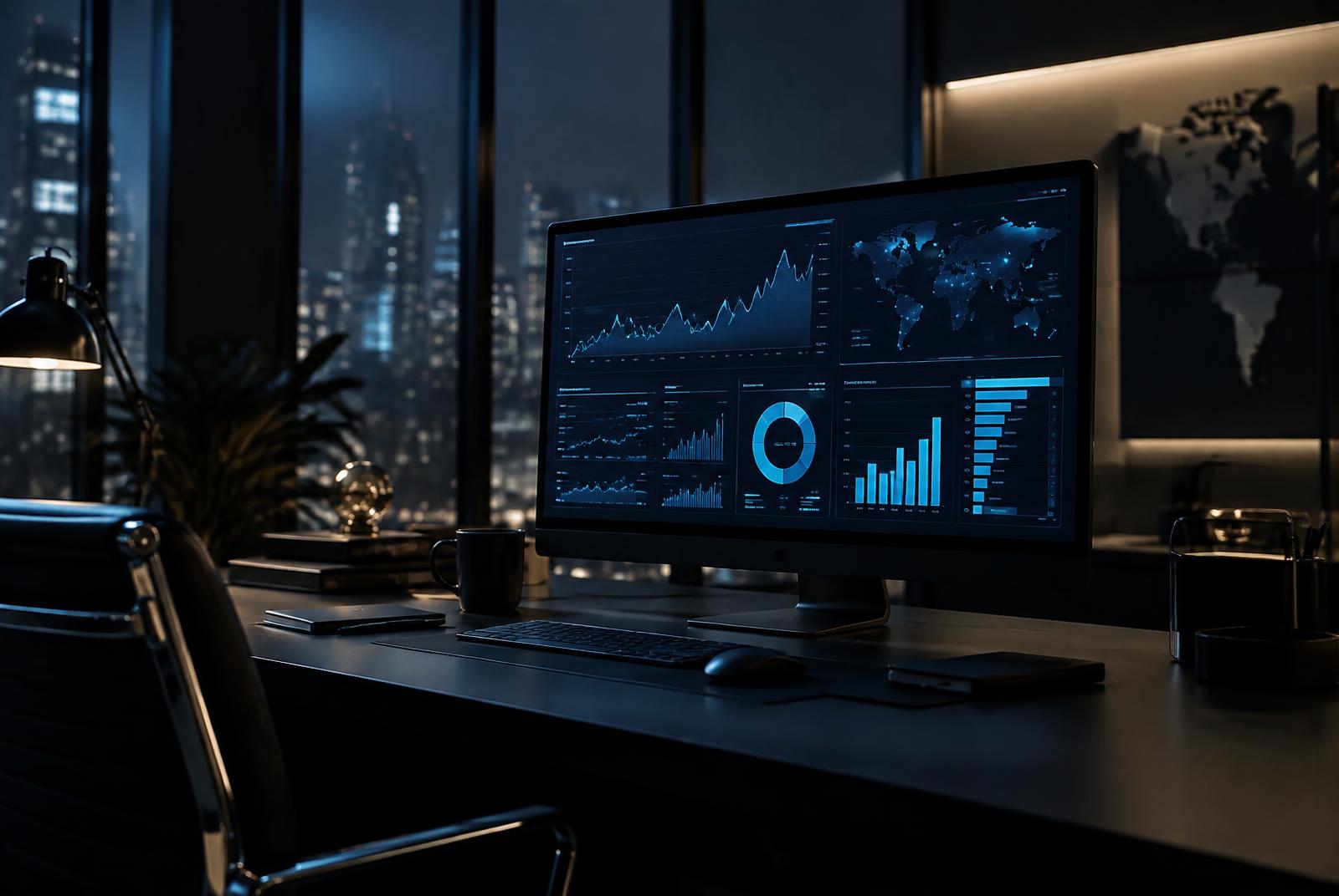 Media performance dashboard in a dark strategy room